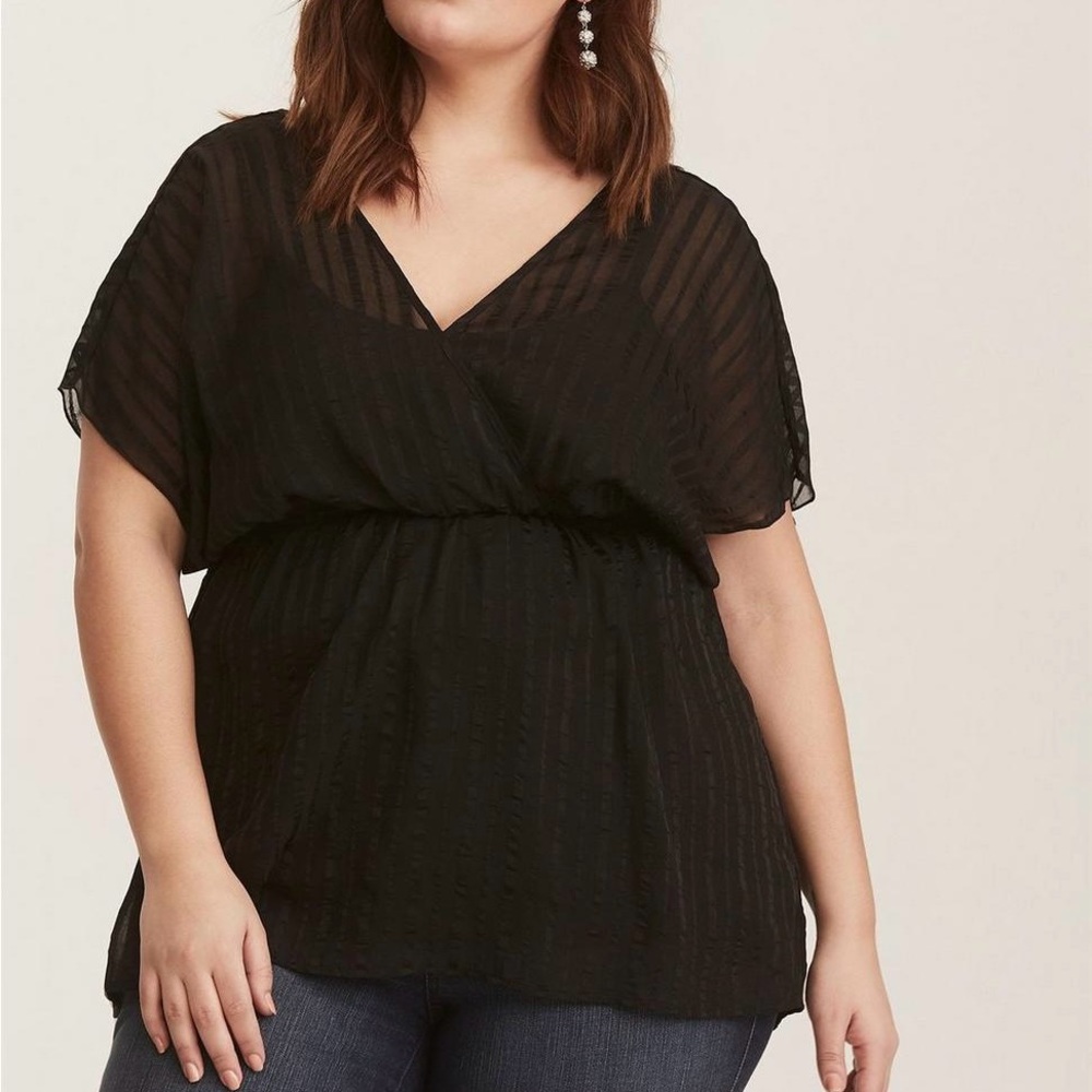 TORRID Black Satin Stripe Chiffon Surplice Babydoll Cover Up Blouse Top 4 4X